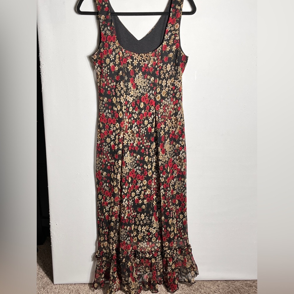 Vintage Meghan Matthers Floral Black and Red Midi Dress sz 10 - Picture 4 of 12